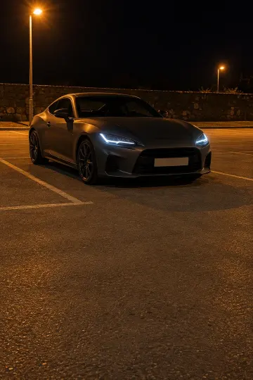Grey coupe, night lot